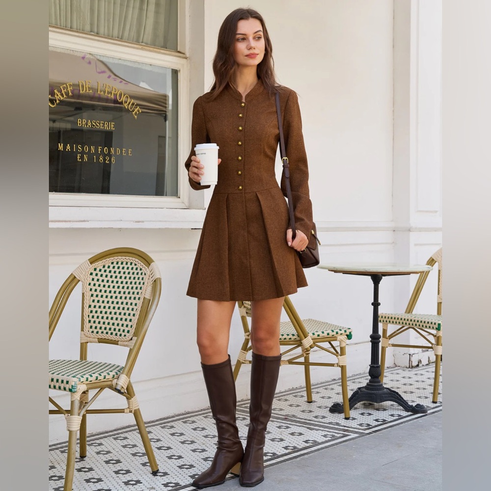 Brown Ruched Button A-Line Mini Dress - Picture 5 of 6